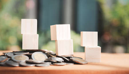 Blank  wooden cubics block fot word over nature backgroundの写真素材