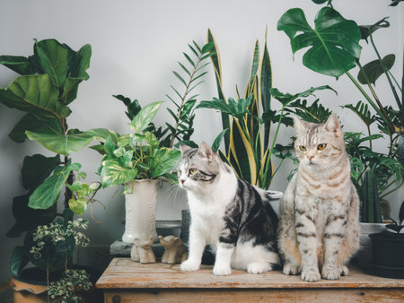 Two lovely happy cats standing on wood table in white room interior with houseplant,Monstera,Philodendron,Ficus Lyrata,snake plant and Spotted betel in potの写真素材