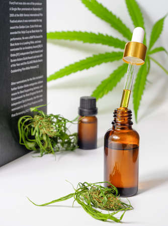 Medical CBD hemp oil extracts.Cannabis leaf flower and book on white background,Medical research conceptの写真素材