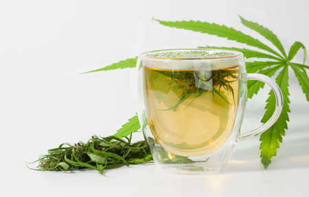 Cannabis herbal tea cup with  marijuana fresh green leaves and   bud in  glass cup on white backgroundの写真素材
