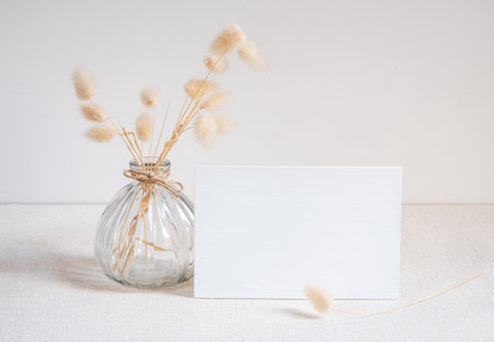 Blank white greeting card mock up.decoration with dried Lagurus ovatus flowers composition in modern glass vase  on  beige table and cement wall backgroundの写真素材