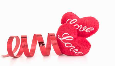 Red craft heart shape and ribbon on white background,Valentine conceptの写真素材