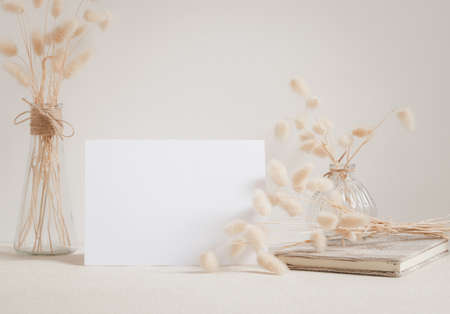Blank white greeting card mock up.decoration with dried Lagurus ovatus flowers composition in modern glass vase and craft book  on  beige table and cement wall backgroundの写真素材