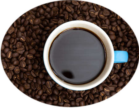 Drink coffee cup in blue cup and coffee beans isolated on whiteの写真素材