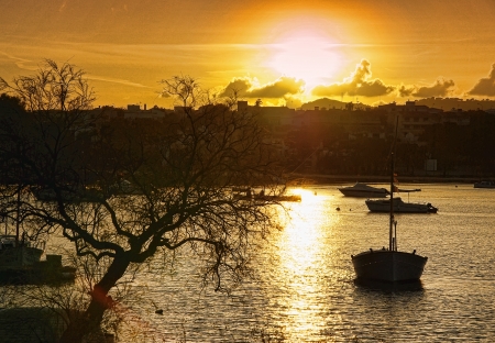 Orange sky at sunset in Porto Colom  Majorca - Spain の写真素材