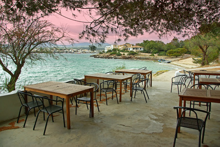 Typical terrace of a bar located in the coast of Porto Colom (Mallorca - Spain)の写真素材