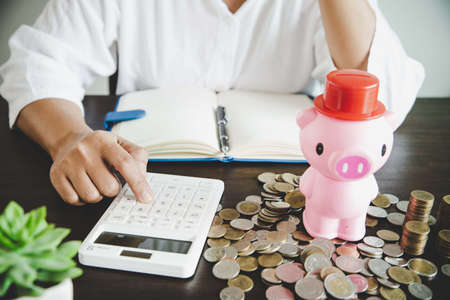 Pink piggy bank on table with coins, woman on background manage paperwork documents finances, female...