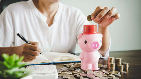 Hand putting coin on pig saving. business, investment, retirement, finance and Money Saving for the future concepts.の写真素材