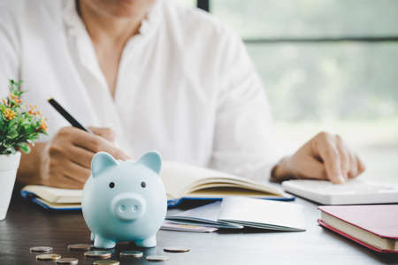 a woman makes calculations, checks her finances, makes notes in a notebook and sets aside some of the funds, savings in a piggy bankの写真素材