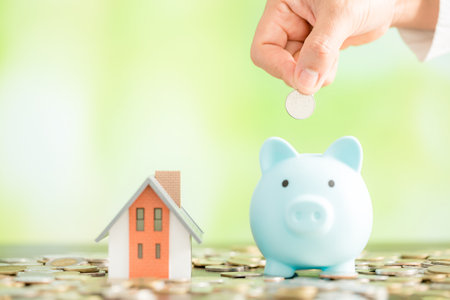 Hand putting coin in a piggy bank. Saving money concept to buy a house.の写真素材