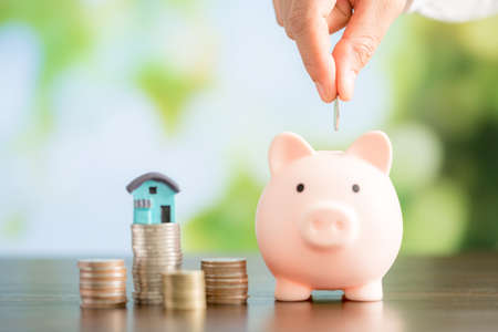 Hand putting coin in a piggy bank. Saving money concept to buy a house.の写真素材