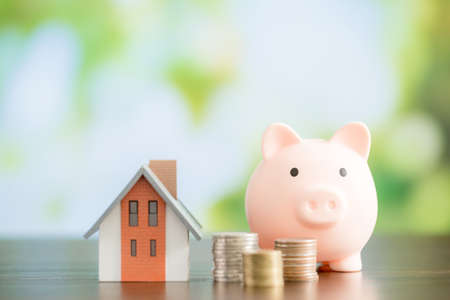 Model house with piggy bank and coins money on natural green background, Business investment and real estate conceptの写真素材