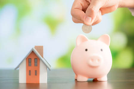 Hand putting coin in a piggy bank. Saving money concept to buy a house.の写真素材