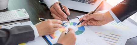 Banner of Group professional business people person working together analyze in office, work together to discuss company financial statistics report, brainstorm ideas graph datum documents on table.の写真素材
