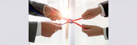 Teamwork businessman team, team people hold rope partnership, cooperation, concept. banner with copy spaceの写真素材