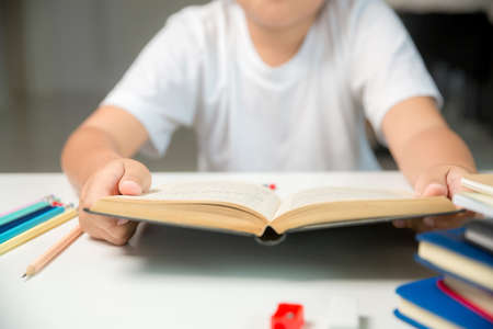 Boy person sitting study indoor at home, Male kid student online learning and doing homework on desk, young child reading and writing a book on table. concept of education, technology cyberspaceの写真素材