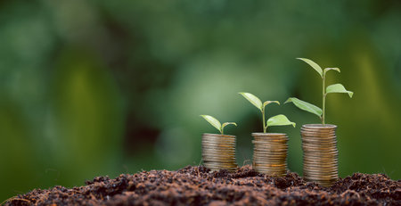 Money coin stack with seedling plant growing on green nature environment background. interest bank, business investment growth idea. grow loan, saving earning economic, finance and accounting conceptの写真素材
