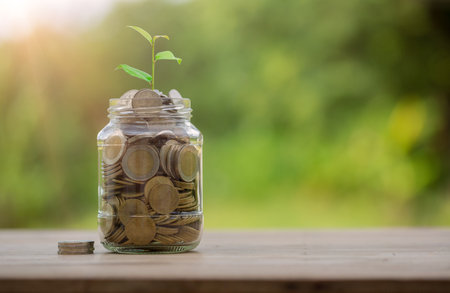 Money coin stack growing graph with glass jar saving concept. business finance and saving money investment, plant growing up on coin. Balance savings and investment. save retirement for interest ideaの写真素材