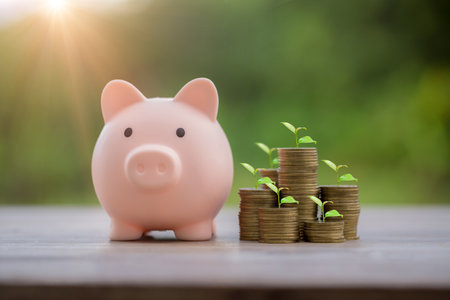 Money coin stack growing graph with piggy bank saving concept. business finance and saving money investment, plant growing up on coin. Balance savings and investment. save retirement for interest ideaの写真素材