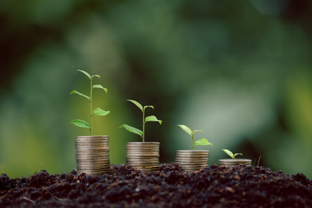 Money coin stack with seedling plant growing on green nature environment background. interest bank, business investment growth idea. grow loan, saving earning economic, finance and accounting conceptの写真素材