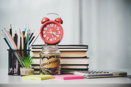 close-up education object with stack money coin-cash dollar and glass jar on background. Concept to saving money income for study, Calculating student finance costs and investment budget loanの写真素材