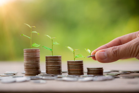 Hand putting money coin. Money coin stack growing graph with piggy bank saving concept. business finance and saving money investment, plant growing up on coin. Balance savings and investment.の写真素材