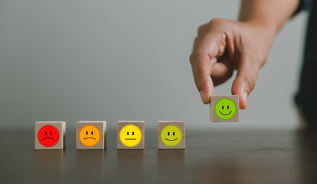 Satisfaction survey concept. Customer services best excellent business rating experience. Hand of business chooses a smile face on wood block circle. 5 Star Satisfaction. People feel great product.の写真素材