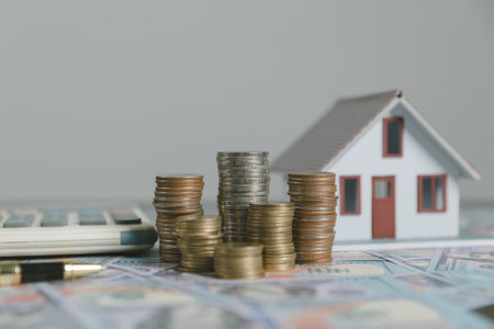Interest rate financial and mortgage rates concept. Saving money for real estate, home and living. Applying for loans and giving loans from banks.の写真素材