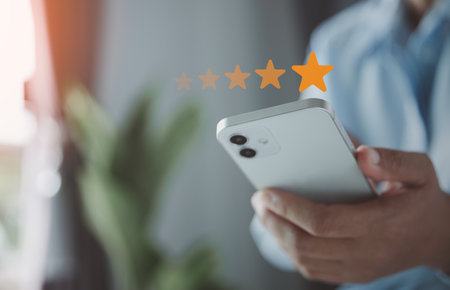Customer service and Satisfaction concept, Customers are satisfied with services of a five-star business company, raising their rank or raising the highest ratings, best assessment and ranking idea.の写真素材