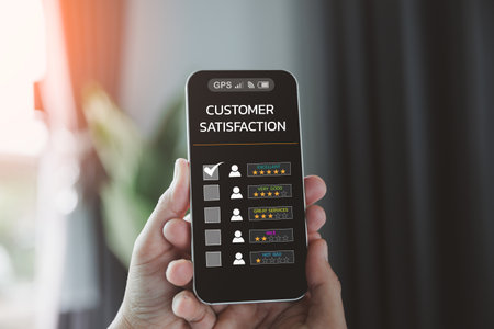 Customer service and Satisfaction concept, Customers are satisfied with services of a five-star business company, raising their rank or raising the highest ratings, best assessment and ranking idea.の写真素材