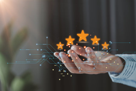 Customer service and Satisfaction concept, Customers are satisfied with services of a five-star business company, raising their rank or raising the highest ratings, best assessment and ranking idea.の写真素材