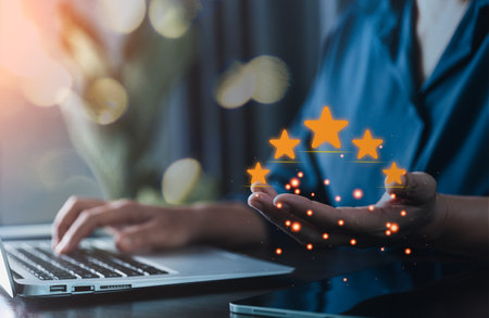 Customer service and Satisfaction concept, Customers are satisfied with services of a five-star business company, raising their rank or raising the highest ratings, best assessment and ranking idea.の写真素材