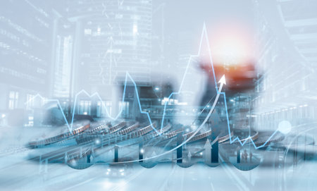 Banking finance investment concept. Double exposure image of growth business with city background. Currency growth market statistics with global foreign. Exchange payments banking global investments.の写真素材