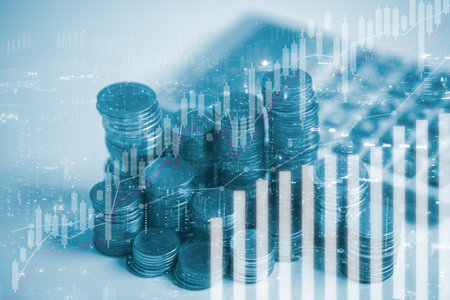 Banking finance investment concept. Double exposure image of growth business with city background. Currency growth market statistics with global foreign. Exchange payments banking global investments.の写真素材
