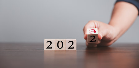 Target or goal with strategy plan-success business revenue concept. Start of new year 2023 businesses plan are present on wood cube. objective management, achievement startup, growth marketing idea.の写真素材