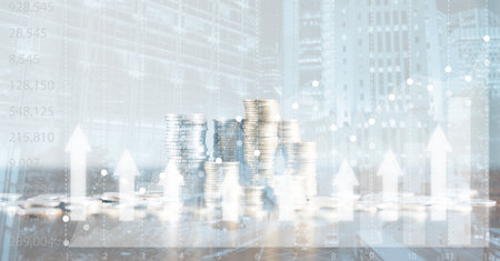 Banking Finance Investment Business Concept. Double exposure image of bank or coin money and graph chart with city background. Account management diagram with market growth statistics. economy datum.の写真素材