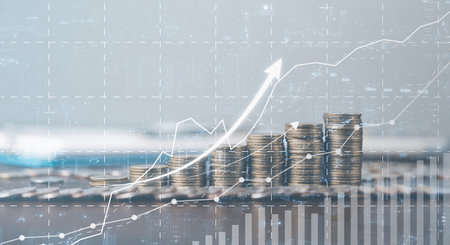 Banking Finance Investment Business Concept. Double exposure image of bank or coin money and graph chart with city background. Account management diagram with market growth statistics. economy datum.の写真素材