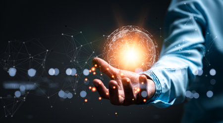 woman Hand holding Light bulb Global Internet connection. Business global internet connection application technology and digital marketing, Financial and banking, Digital link tech, big data.の写真素材