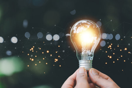 Bright light bulb and icon with book. Business success idea and education or learning online concept. Business person achievement and inspiration. technology, Create Imagination for Inspiration.の写真素材