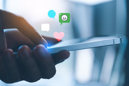 Business woman using digital smart phone, Social media concept. Person hand touching smartphone screen chatting in online app. Women use online media networks for marketing.の写真素材