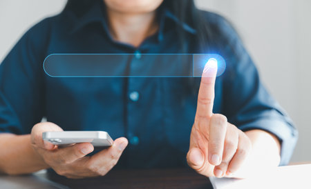 Search Engine Optimization SEO, data searching technology. business hands typing on smart phone...