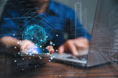 Big data analytics and business intelligence concept. Business person holding Global network...
