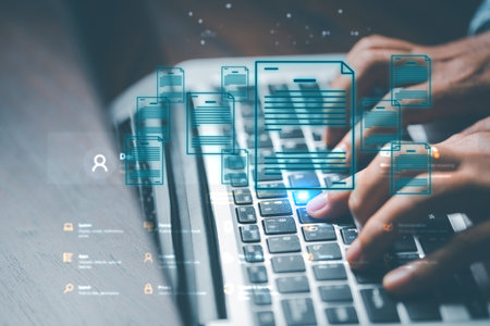 Online documentation database and process automation to efficiently manage files, IT staff working with Document Management System (DMS), Corporate business technology. Cognition on modern management.の写真素材