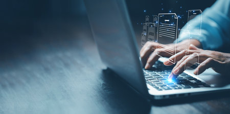 Online documentation database and process automation to efficiently manage files, IT staff working with Document Management System (DMS), Corporate business technology. Cognition on modern management.の写真素材