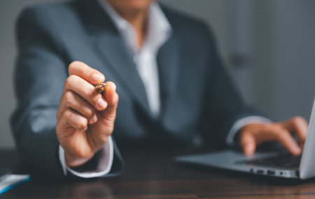 Businesswoman hand touching virtual screen, modern background concept, can put your text with icon bundle, copy spaceの写真素材