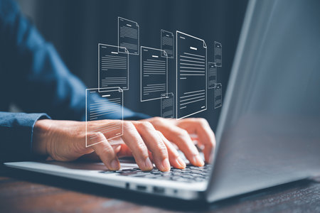 Online documentation database and process document electronic automation platform, IT staff working with Document Management System, DMS, Corporate business technology. Cognition on modern management.の写真素材