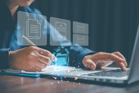Online documentation database and process document electronic automation platform, IT staff working with Document Management System, DMS, Corporate business technology. Cognition on modern management.の写真素材