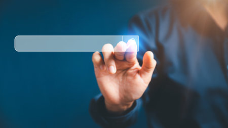 Search Engine Optimization SEO, data searching technology. business hands typing on laptop computer keyboard to search the information via internet web browser. Browsing social networking interface.の写真素材