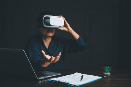 Woman with glasses of virtual reality. Future technology concept. Metaverse technology concept. VR...