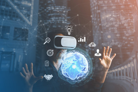 Businesswoman wearing VR glasses and accessing the Cloud Computing Technology Internet Storage Network Concept And a large database big data Through internet technology. Metaverse technology idea.の写真素材